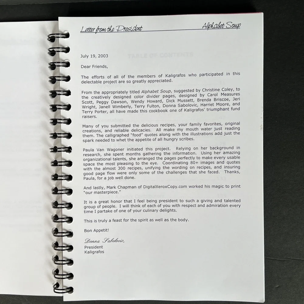 VTG Alphabet Soup Recipe Cookbook 2003 Kaligrafos Dallas Calligraphy Society